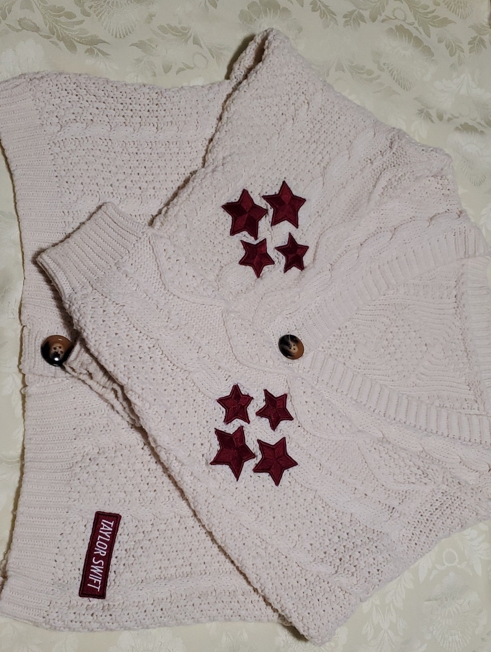 Taylor Swift Cream Cable Knit Cardigan with Burgundy Star Patches Size S